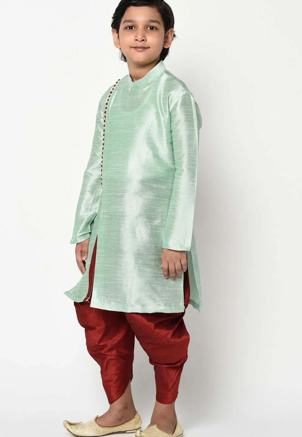 Solid Color Dupion Silk Kurta Set in Pastel Green