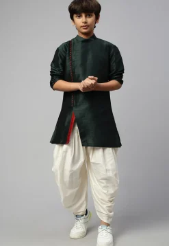 Solid Color Dupion Silk Kurta Dhoti Set in Dark Green