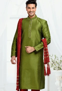 Solid Color Dupion Silk Kurta in Mehandi Green