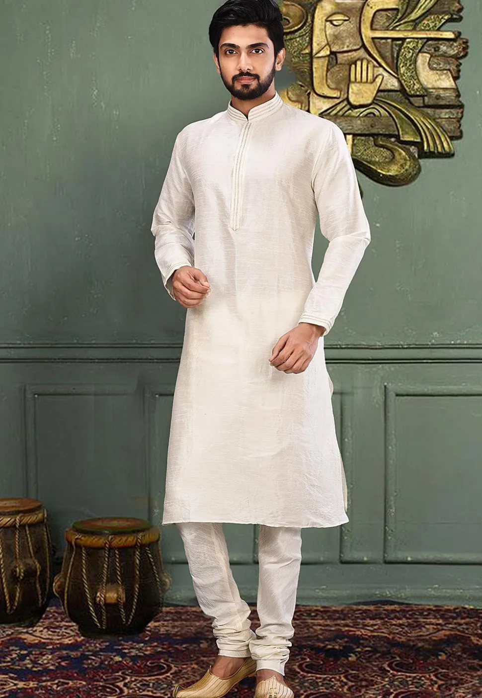 Solid Color Dupion Silk Kurta in Off White