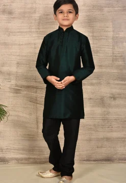 Solid Color Dupion Silk Kurta Set in Dark Green