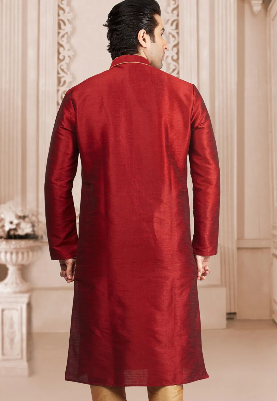 Solid Color Dupion Silk Kurta Set in Maroon