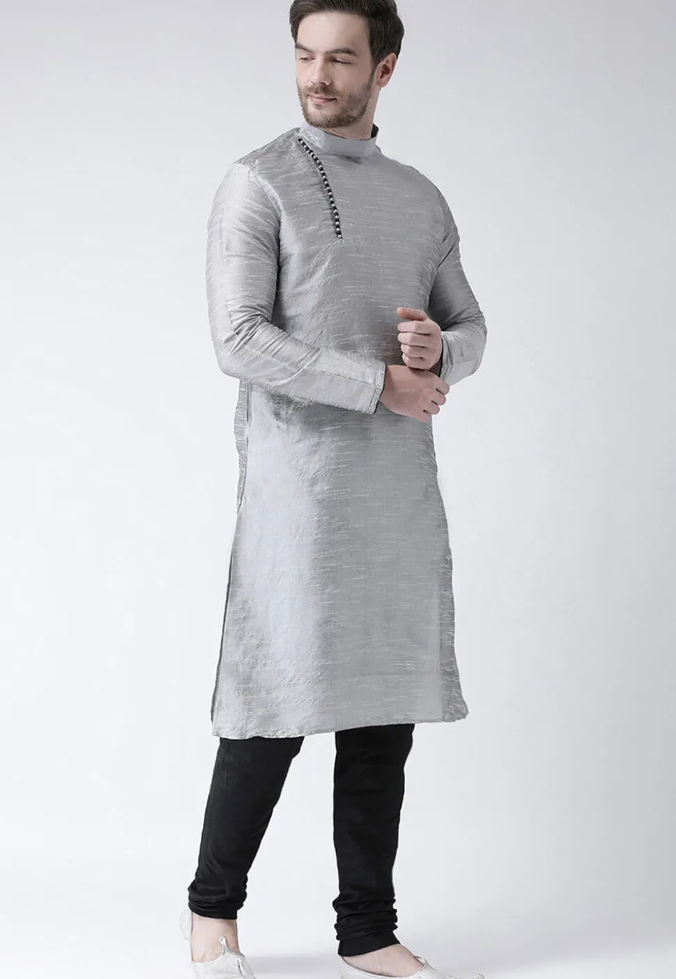 Solid Color Dupion Silk Kurta Set in Grey