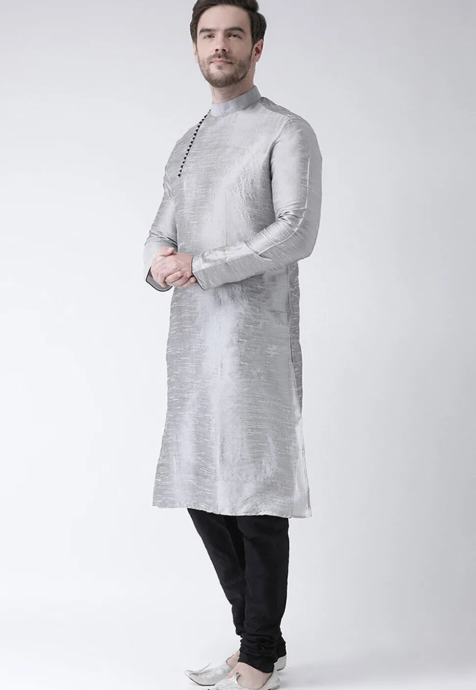 Solid Color Dupion Silk Kurta Set in Grey