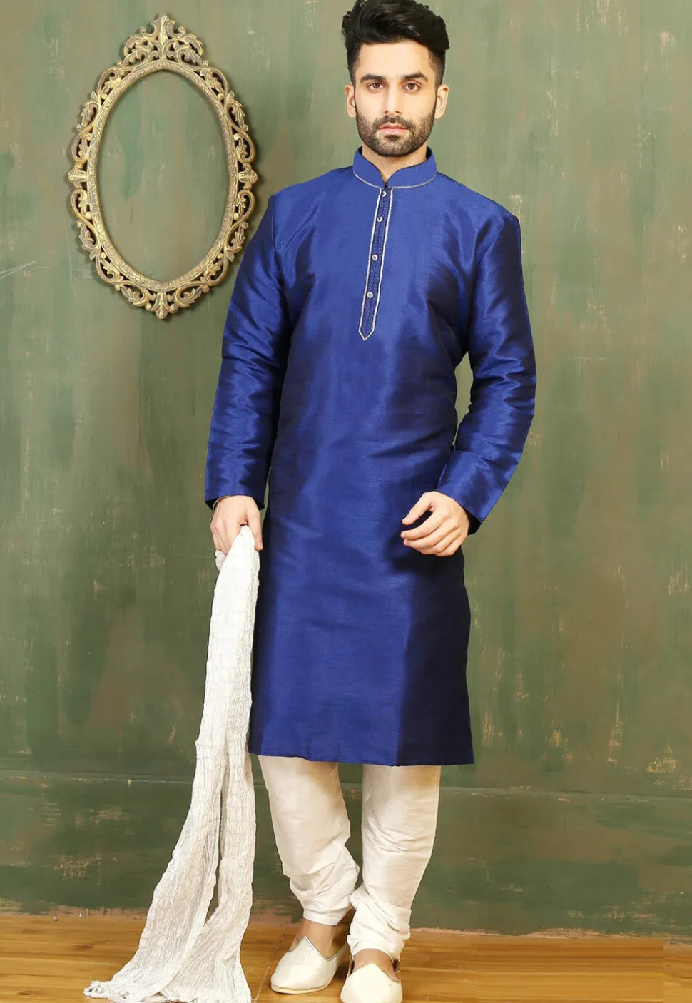 Solid Color Dupion Silk Kurta Set in Royal Blue