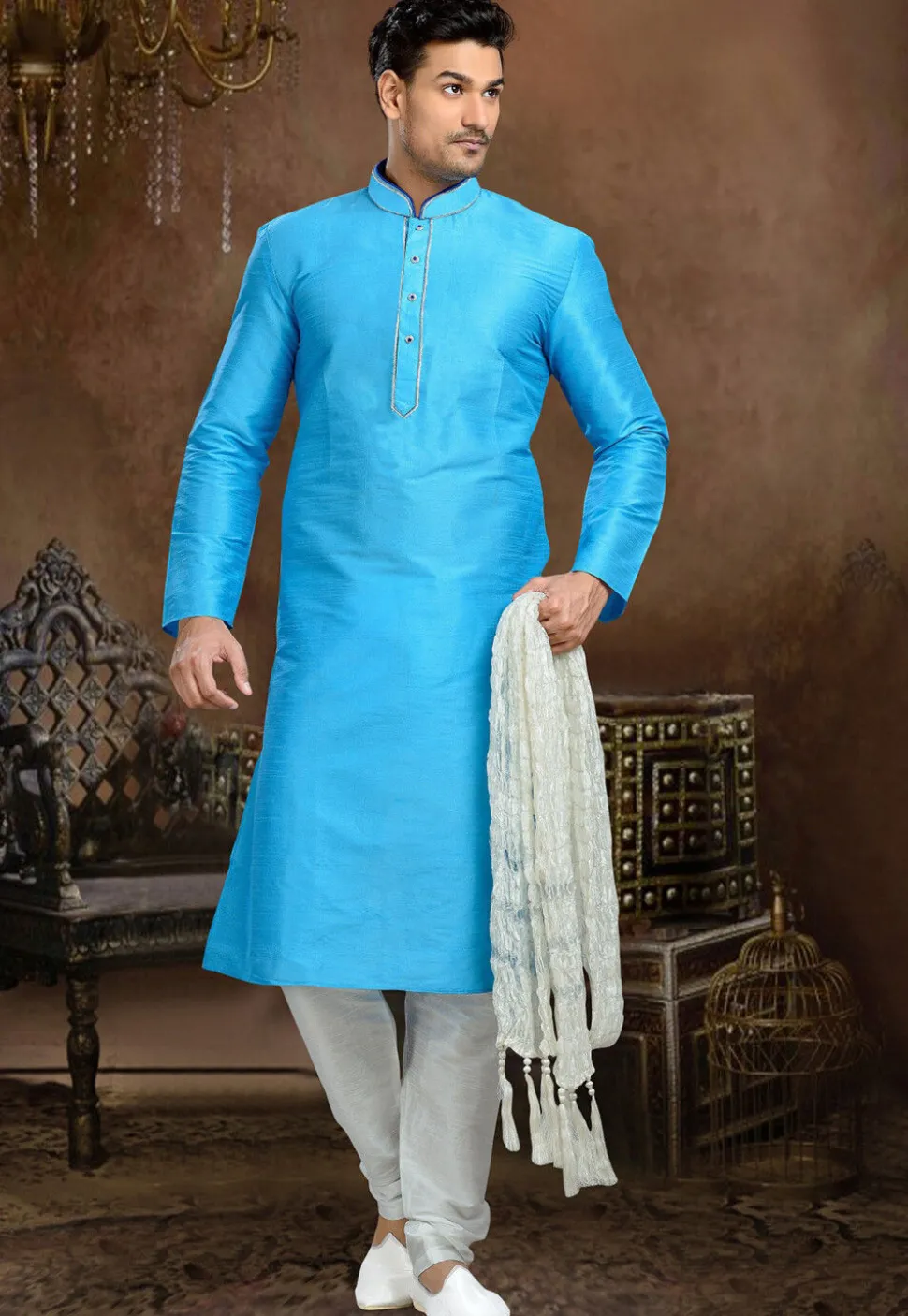 Solid Color Dupion Silk Kurta Set in Blue