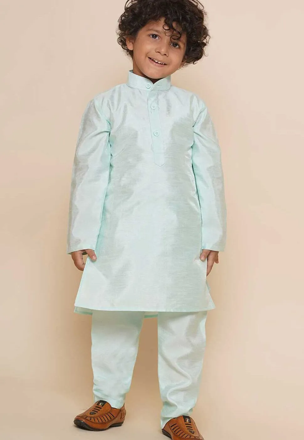 Solid Color Dupion Silk Kurta Set in Pastel Green