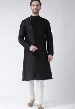 Solid Color Dupion Silk Kurta Set in Black
