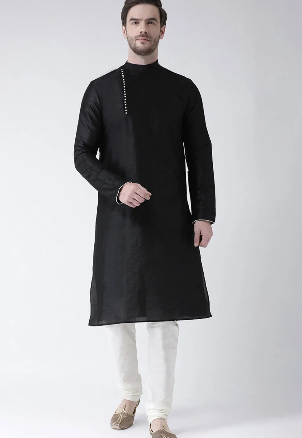 Solid Color Dupion Silk Kurta Set in Black