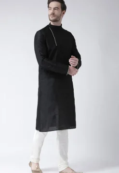 Solid Color Dupion Silk Kurta Set in Black