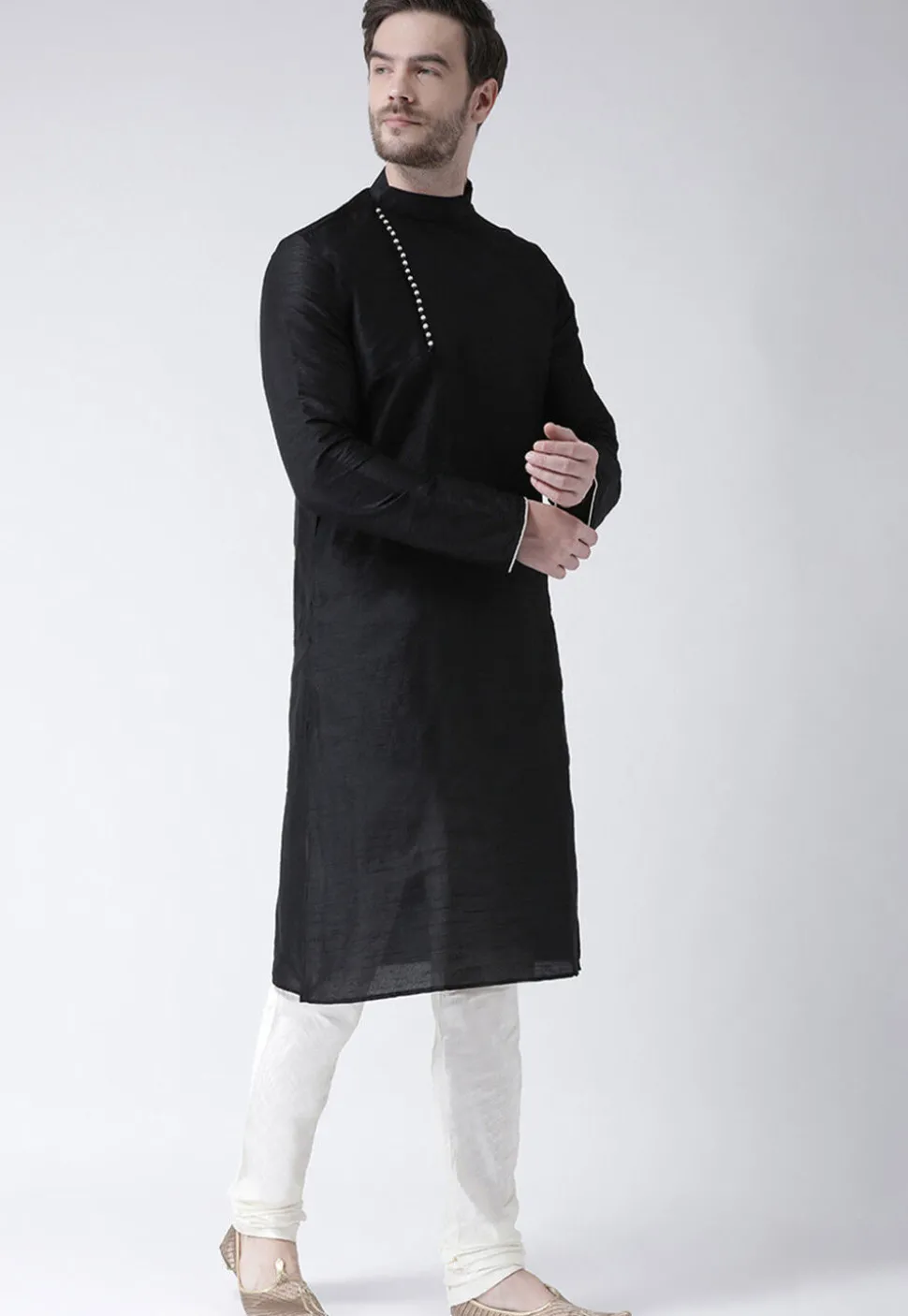 Solid Color Dupion Silk Kurta Set in Black