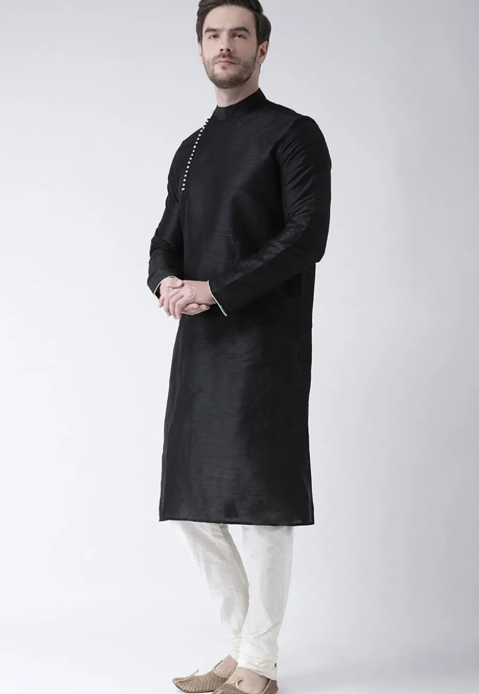 Solid Color Dupion Silk Kurta Set in Black