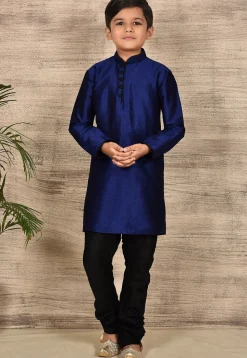 Solid Color Dupion Silk Kurta Set in Navy Blue