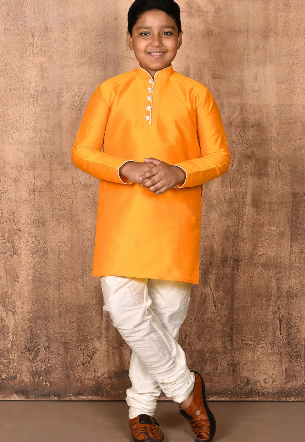 Solid Color Dupion Silk Kurta Set in Mustard