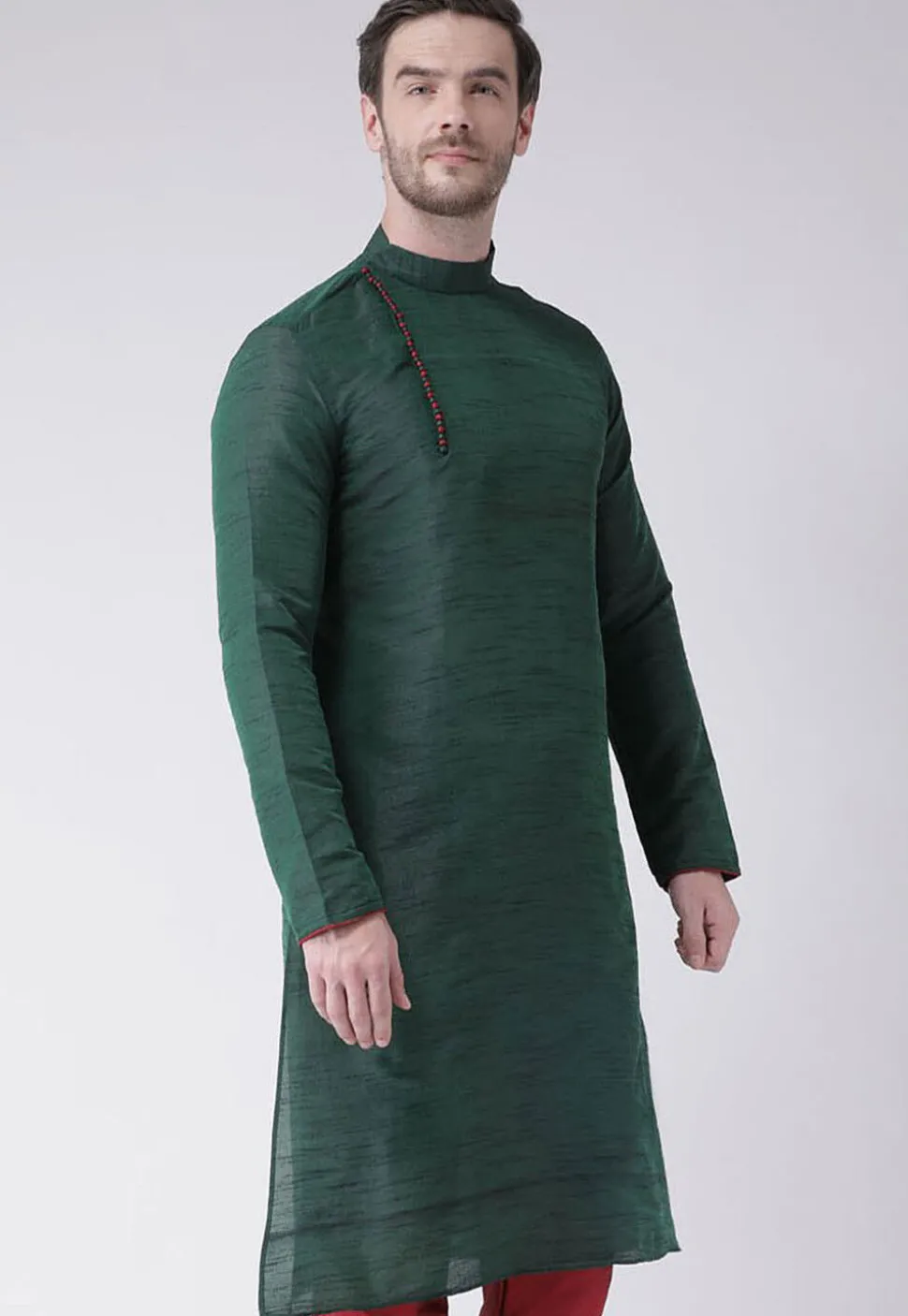 Solid Color Dupion Silk Kurta in Dark Green