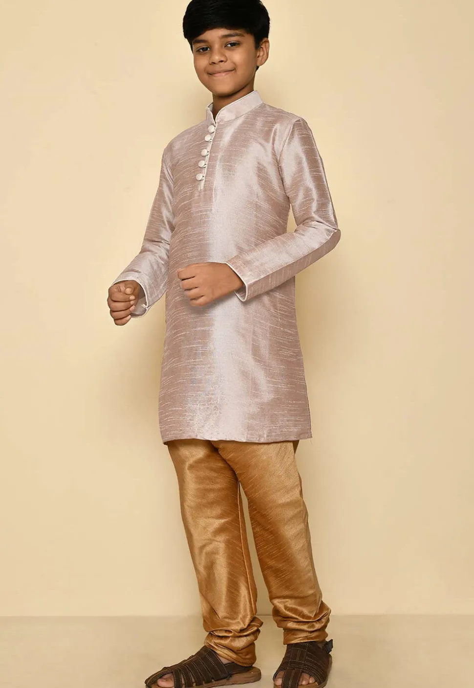 Solid Color Dupion Silk Kurta Set in Pastel Brown