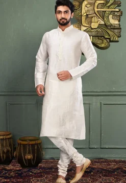 Solid Color Dupion Silk Kurta Set in Off White