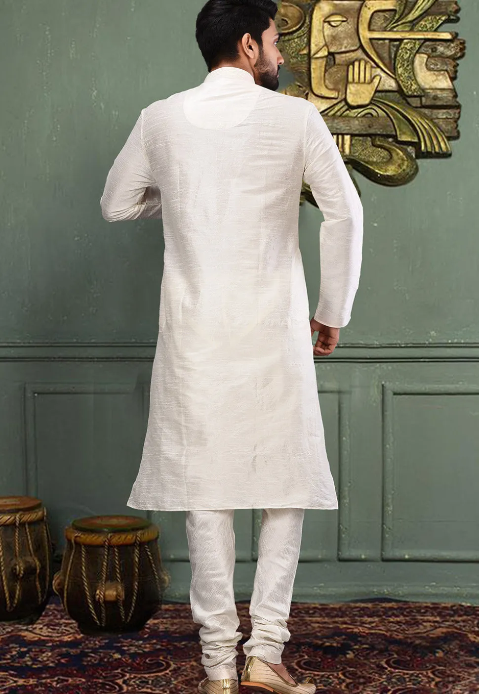Solid Color Dupion Silk Kurta Set in Off White