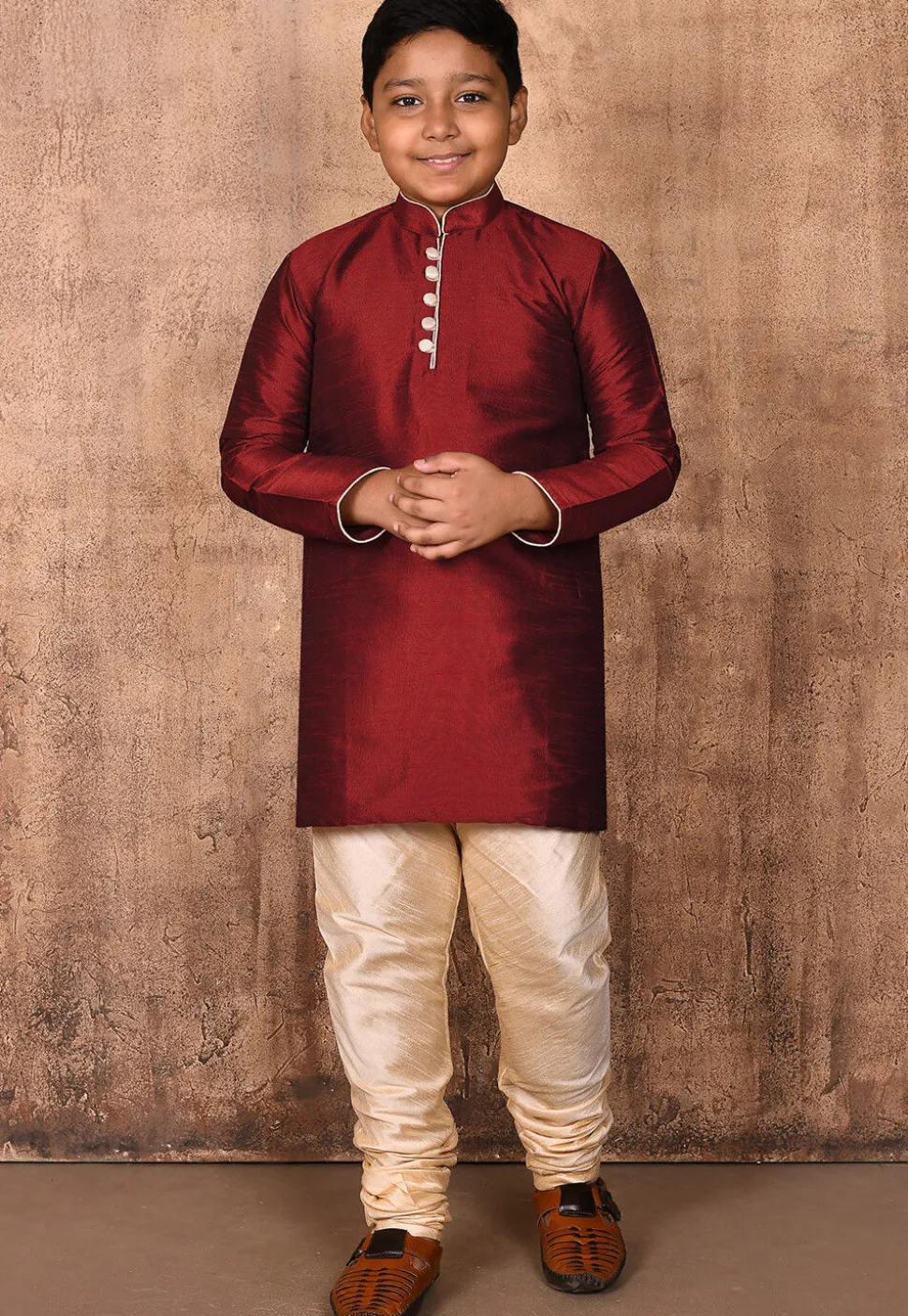 Solid Color Dupion Silk Kurta Set in Maroon
