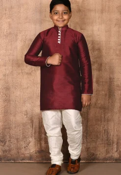 Solid Color Dupion Silk Kurta Set in Maroon