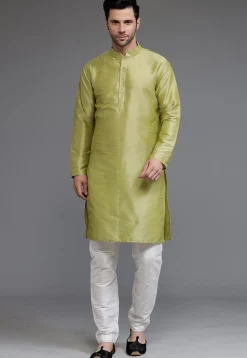 Solid Color Dupion Silk Kurta Set in Olive Green