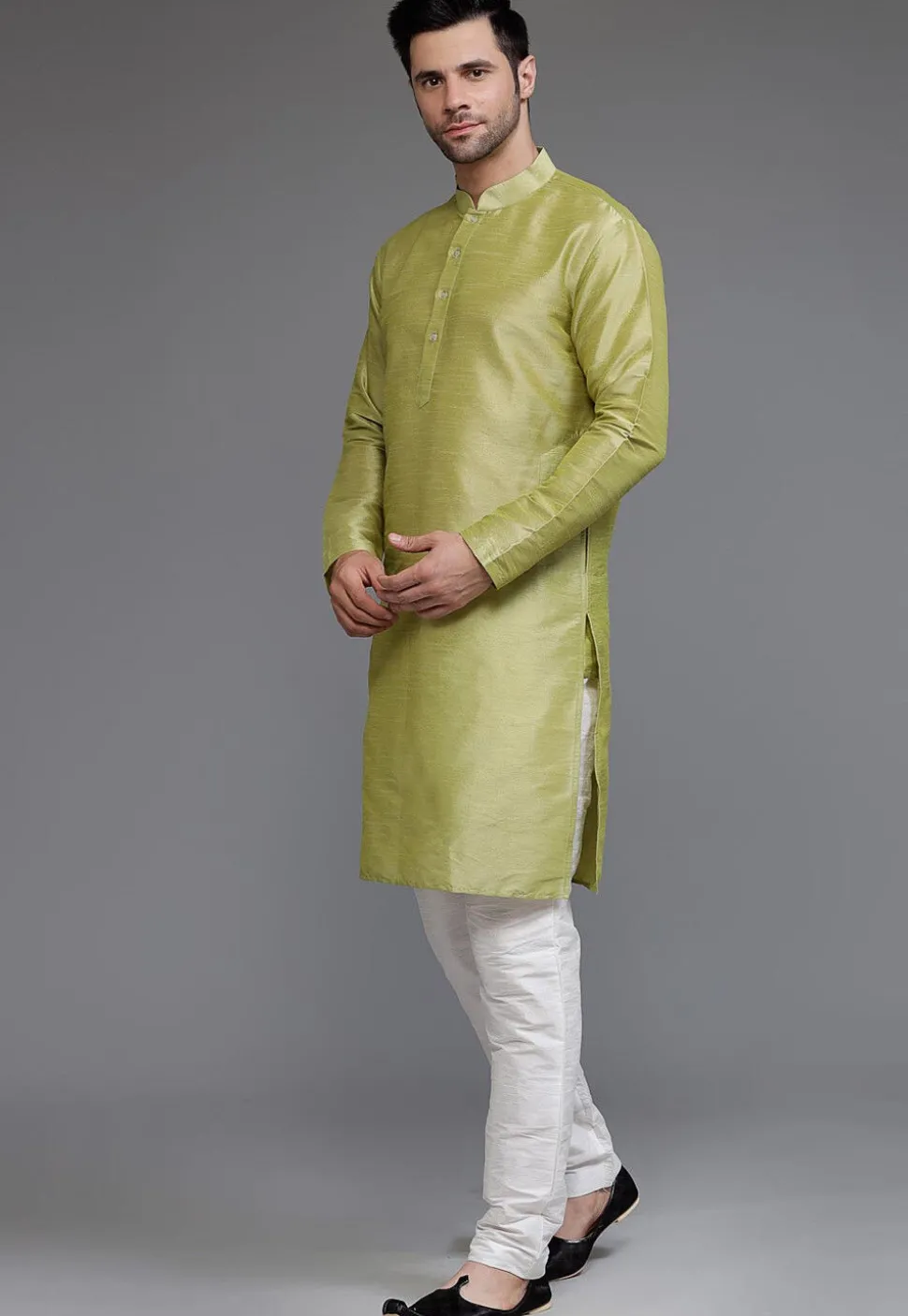 Solid Color Dupion Silk Kurta Set in Olive Green