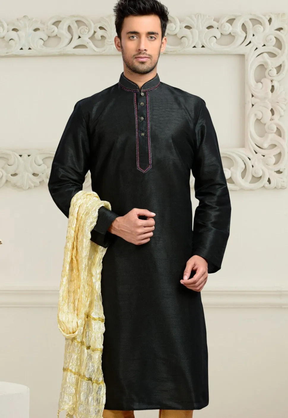 Solid Color Dupion Silk Kurta in Black