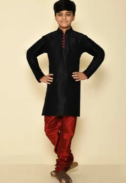 Solid Color Dupion Silk Kurta Set in Black