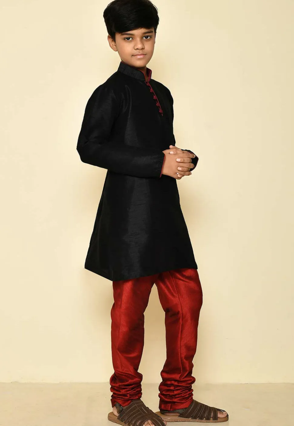 Solid Color Dupion Silk Kurta Set in Black