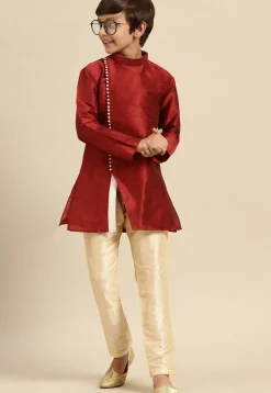 Solid Color Dupion Silk Kurta Pyjama Set in Maroon