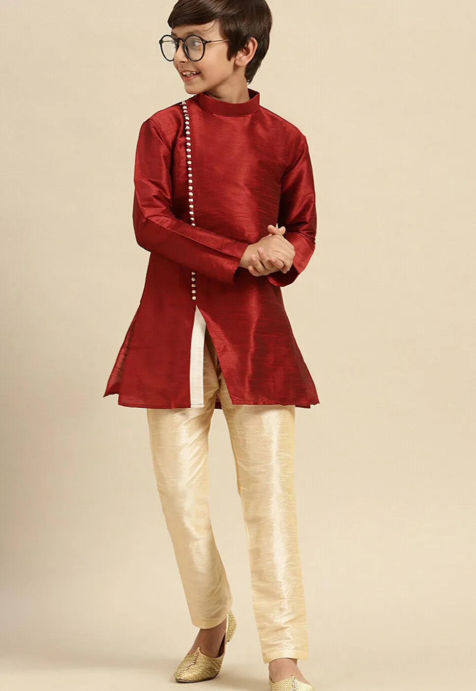 Solid Color Dupion Silk Kurta Pyjama Set in Maroon