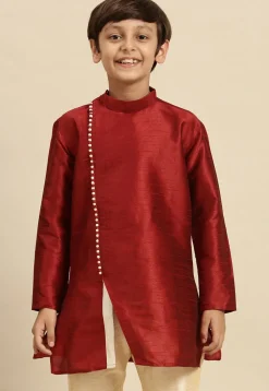Solid Color Dupion Silk Kurta Pyjama Set in Maroon