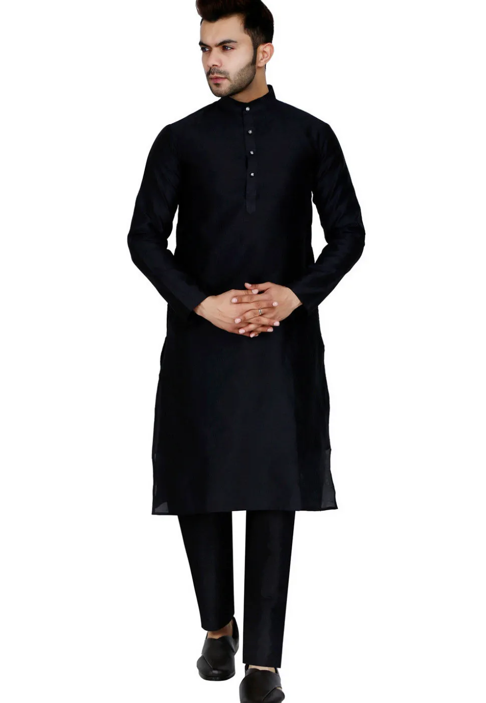 Solid Color Dupion Silk Kurta Set in Black