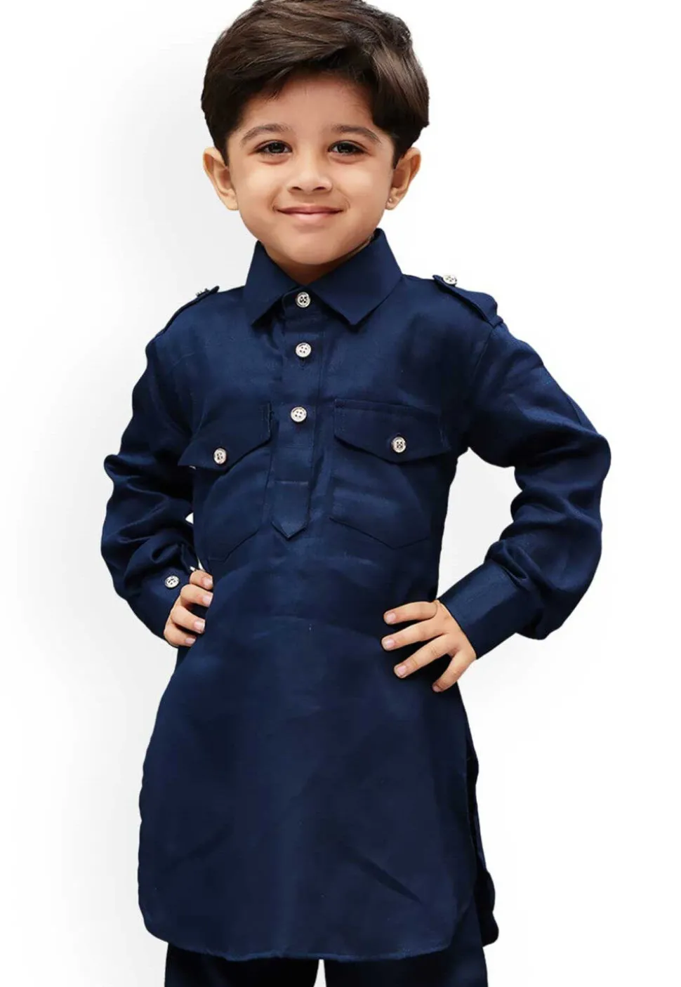 Solid Color Dupion Silk Kurta in Navy Blue