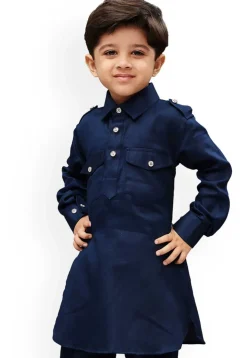 Solid Color Dupion Silk Kurta in Navy Blue