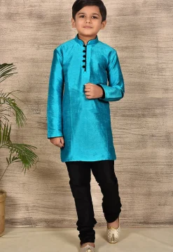 Solid Color Dupion Silk Kurta Set in Blue