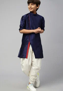 Solid Color Dupion Silk Kurta Dhoti Set in Navy Blue