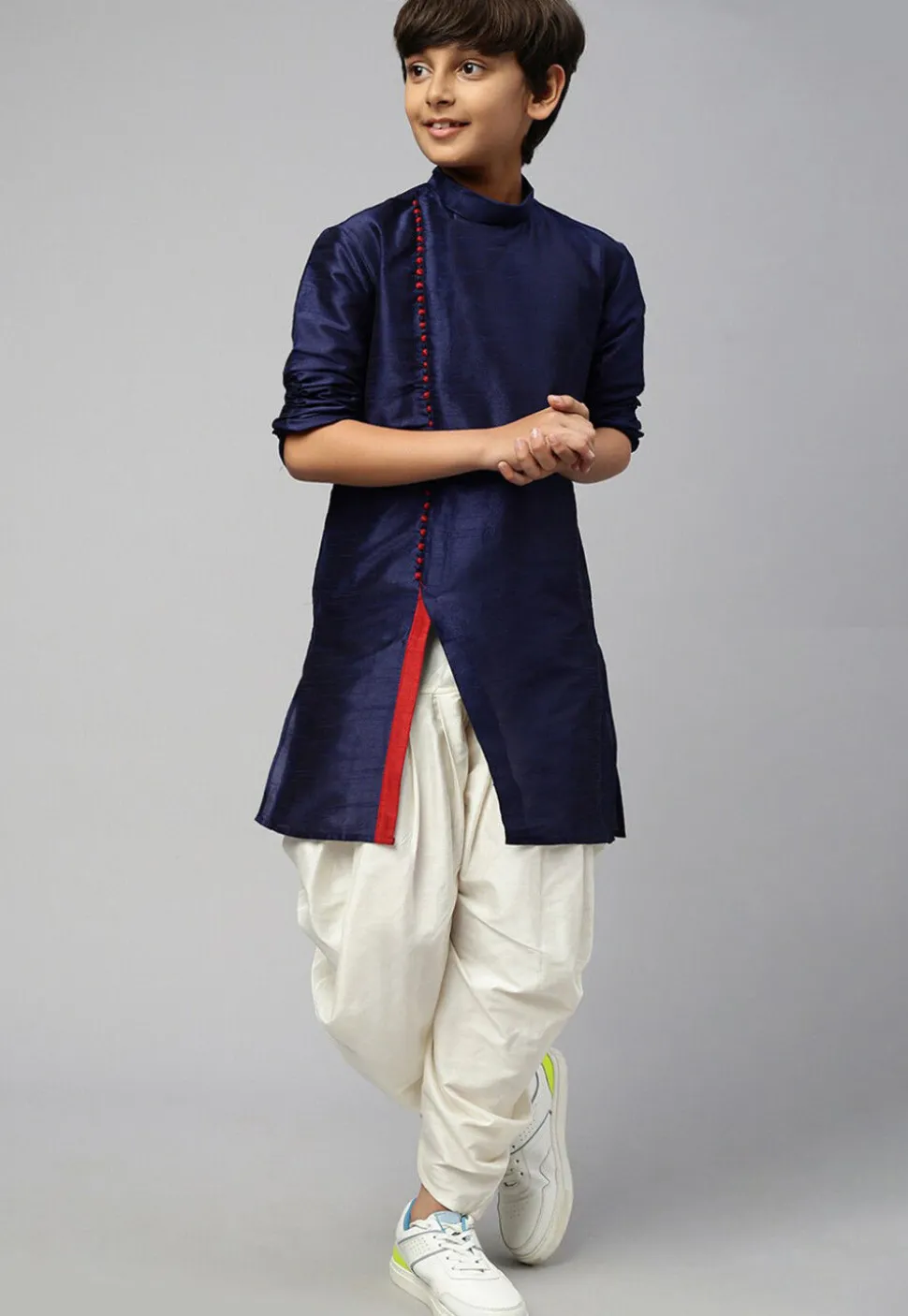 Solid Color Dupion Silk Kurta Dhoti Set in Navy Blue
