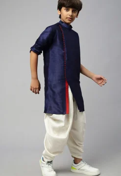 Solid Color Dupion Silk Kurta Dhoti Set in Navy Blue