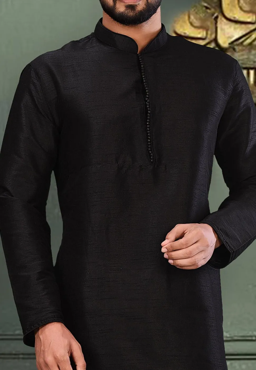 Solid Color Dupion Silk Kurta in Black
