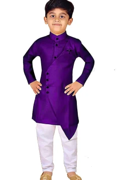 Solid Color Dupion Silk Layered Asymmetric Kurta Set in Purple