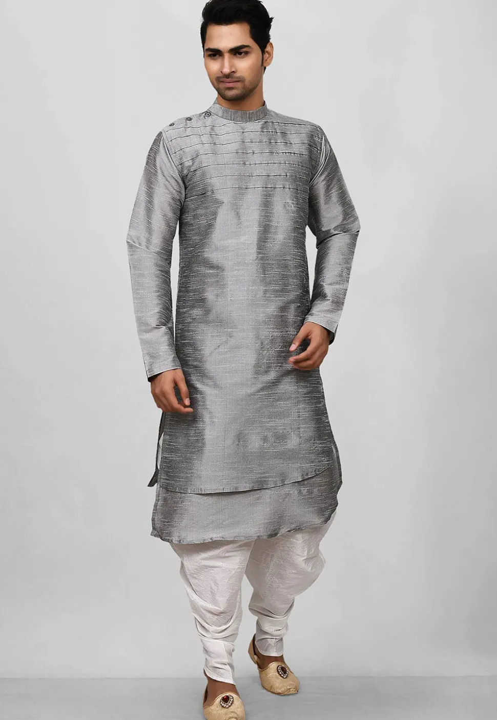 Solid Color Dupion Silk Layered Dhoti Kurta in Grey
