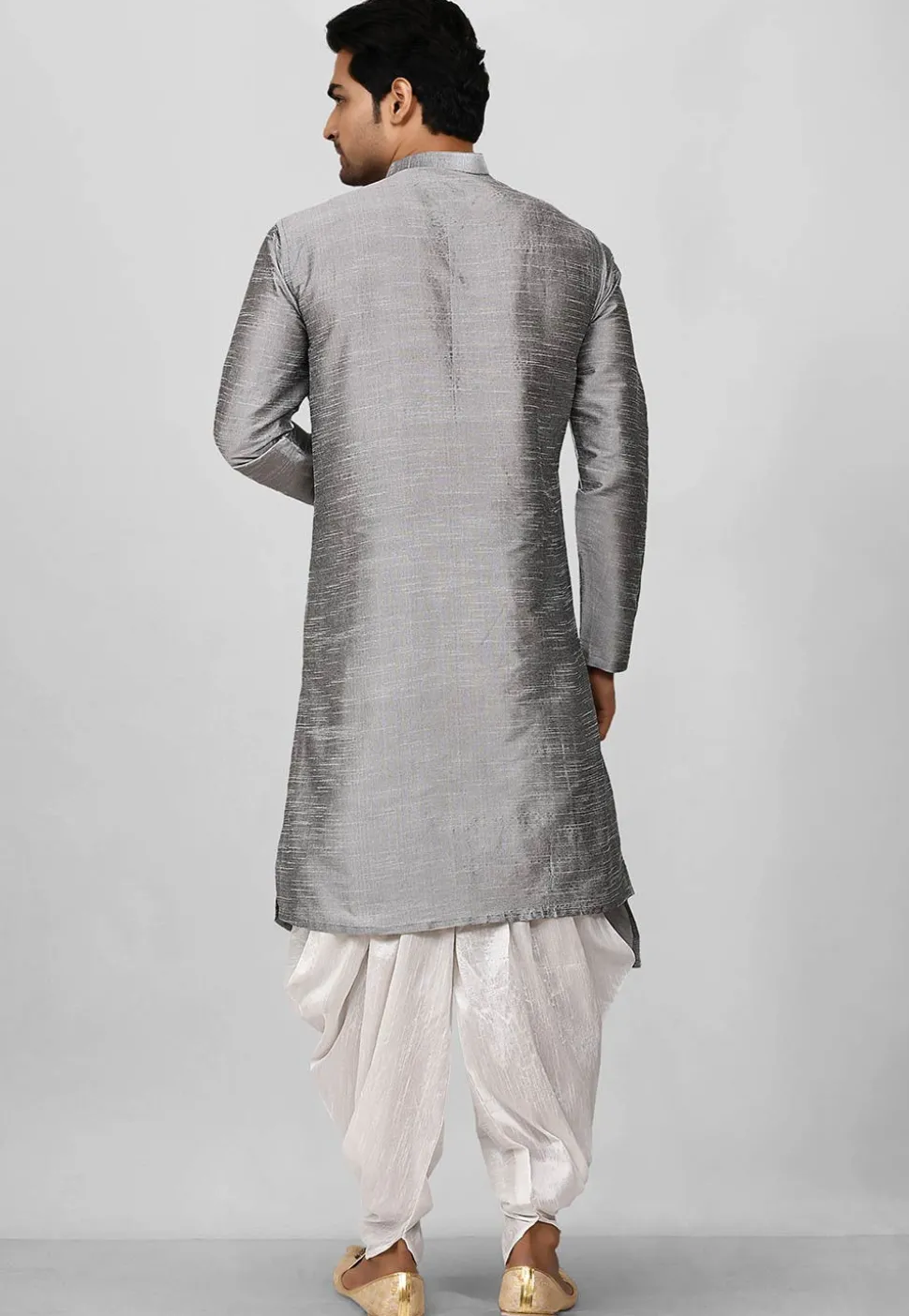 Solid Color Dupion Silk Layered Dhoti Kurta in Grey
