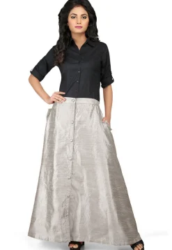 Solid Color Dupion Silk Long Skirt in Grey