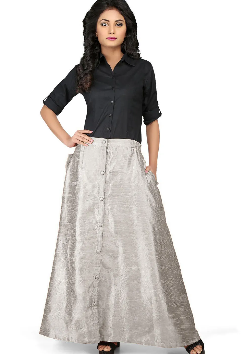 Solid Color Dupion Silk Long Skirt in Grey