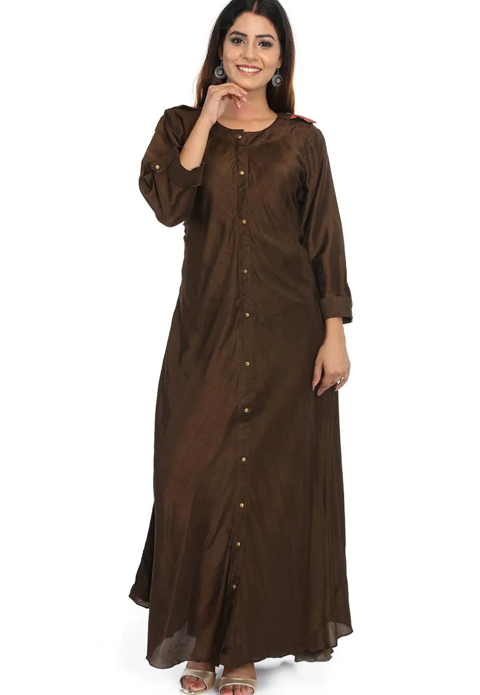 Solid Color Dupion Silk Long Kurta in Dark Brown