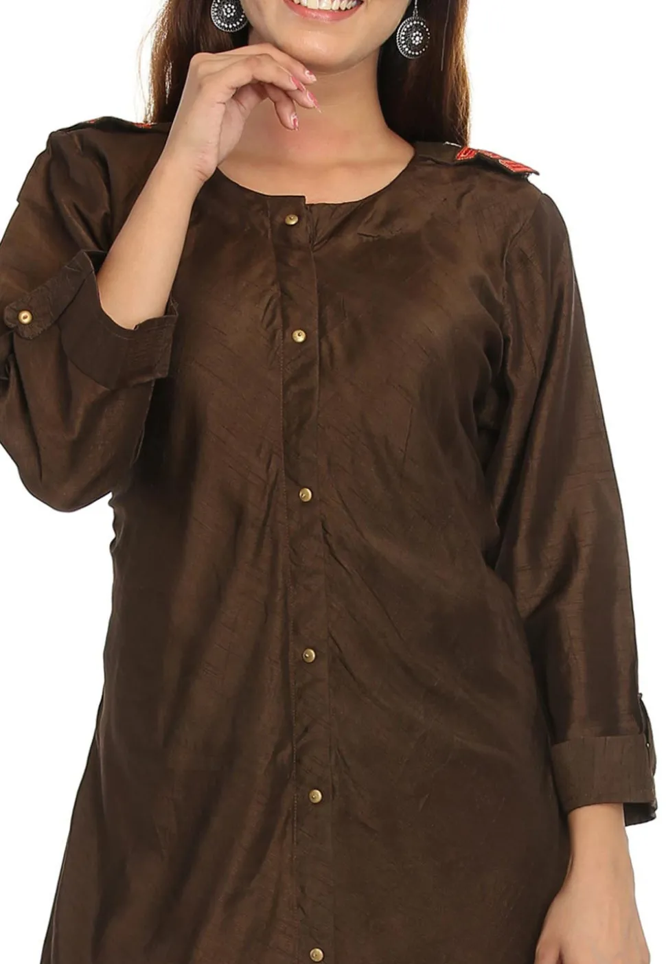 Solid Color Dupion Silk Long Kurta in Dark Brown
