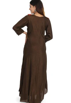 Solid Color Dupion Silk Long Kurta in Dark Brown