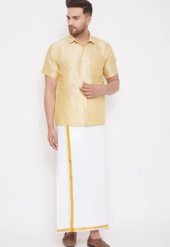 Solid Color Dupion Silk Mundu Shirt in Light Beige and White