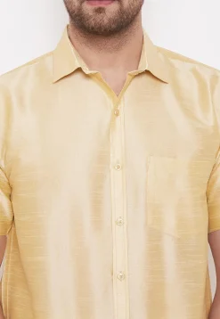 Solid Color Dupion Silk Mundu Shirt in Light Beige and White